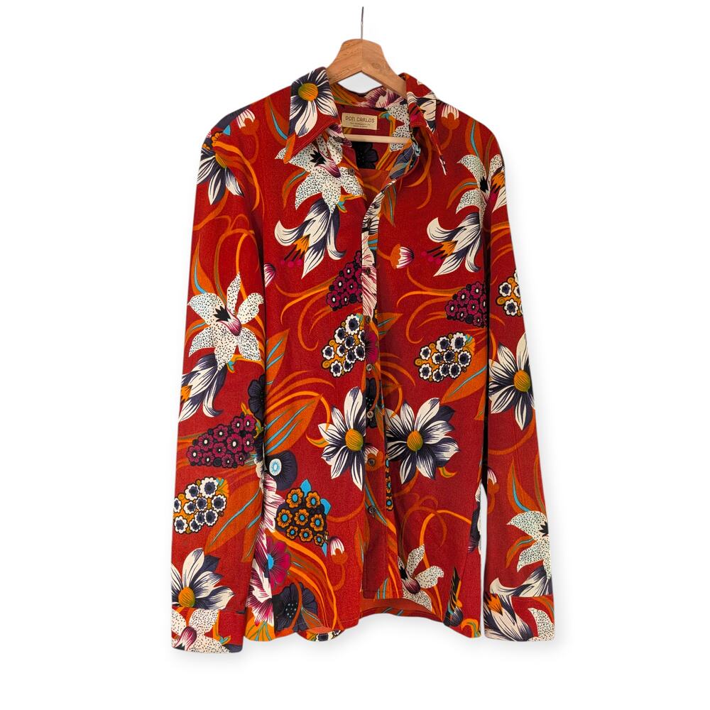 Vintage 60s 70s Don Carlos Men's Sienna Floral Long Sleeve Shirt L/XL